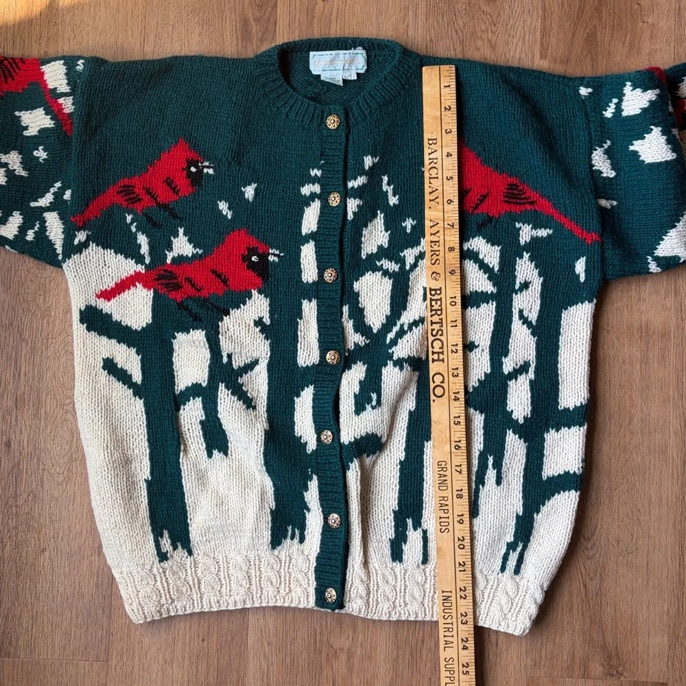 Vintage Quissett Cove Cardinal Birds 100% Shetland WOOL Cardigan Sweater - Picture 4 of 8